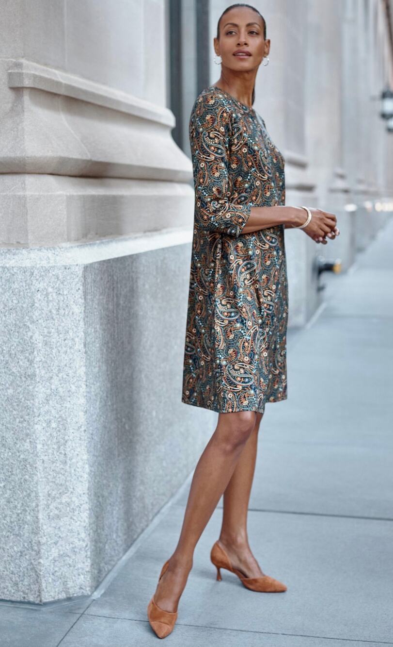 NWT J.Jill Wearever Knit Pleat Back Dress Navy Blue Paisley A-Line Size S Boho